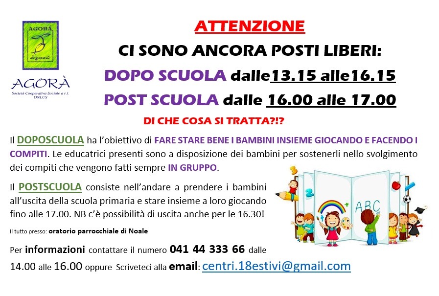 Disponibilità posti per servizio dopo scuola e post scuola di Agorà